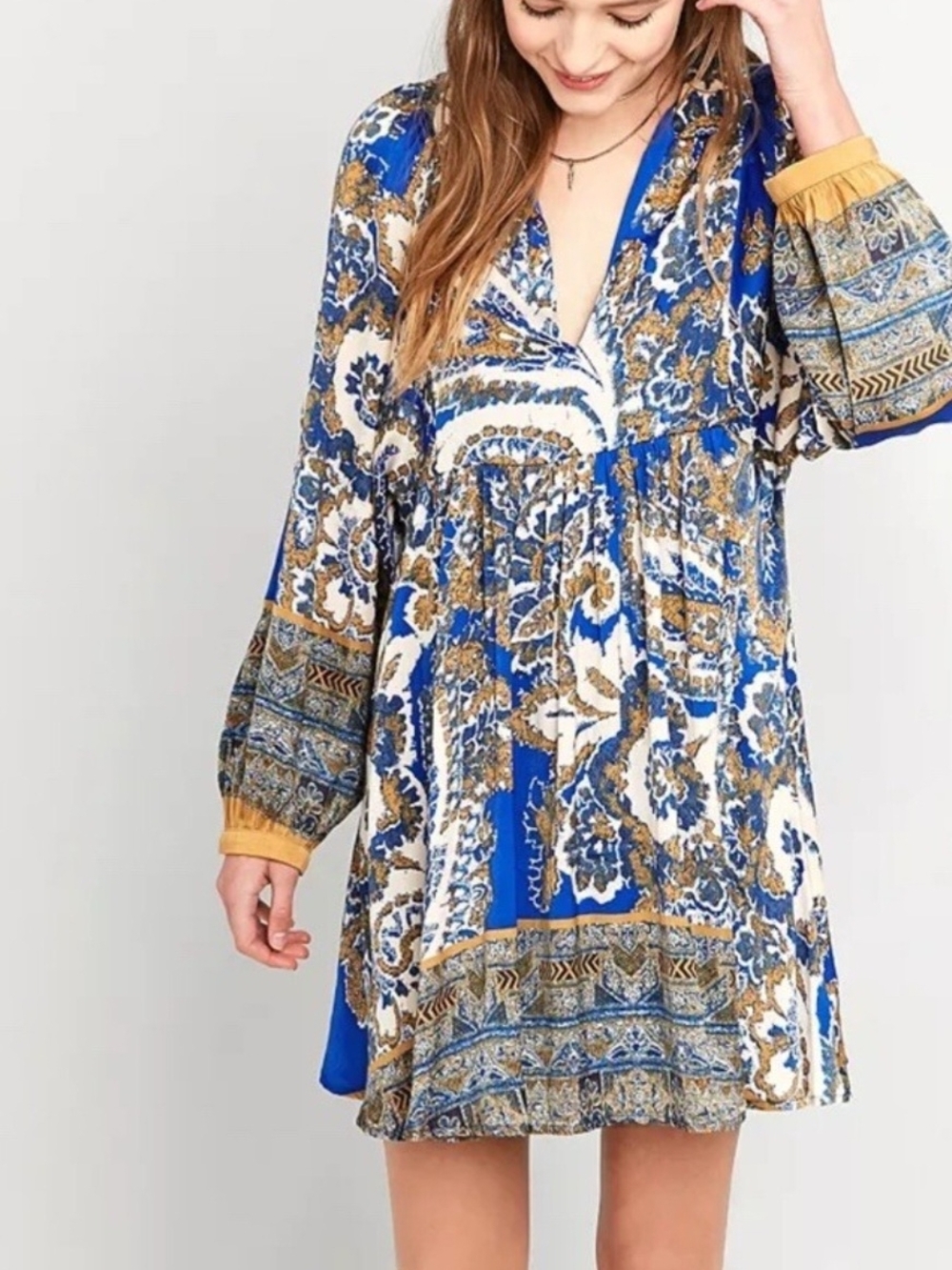Free People Blue Paisley V-Neck Mini Dress with Mustard Trim